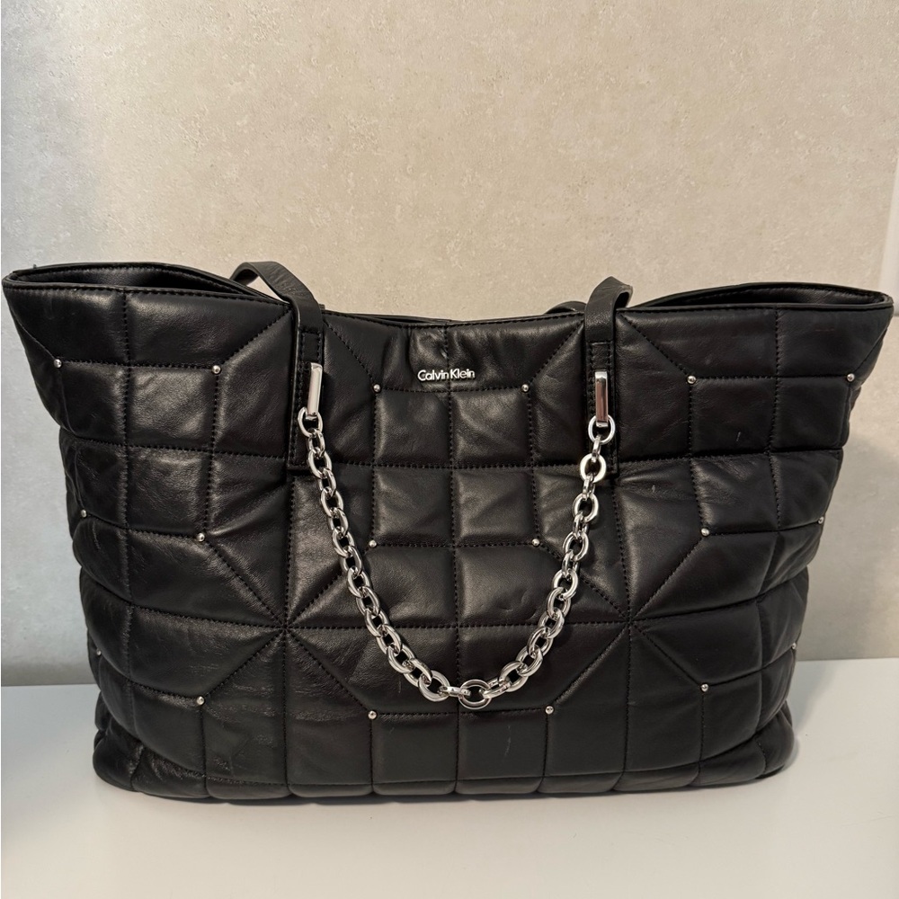 Calvin Klein Black Quilted Tote with Chain Detail